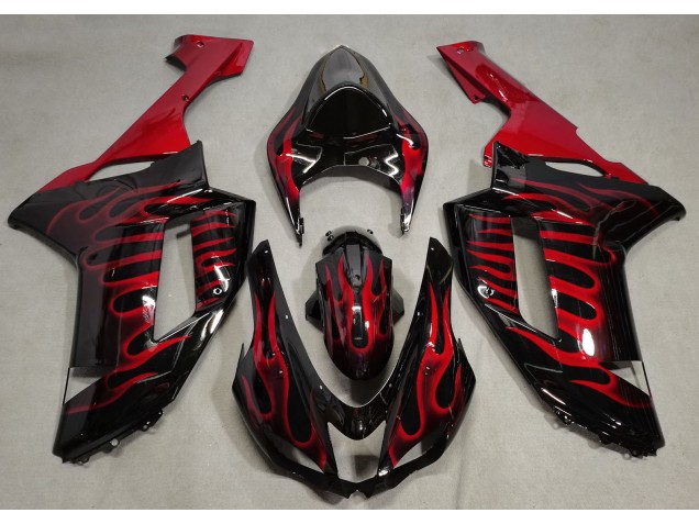 2007-2008 Gloss Black & Red Flame Kawasaki ZX6R Motorcycle Fairings Canada